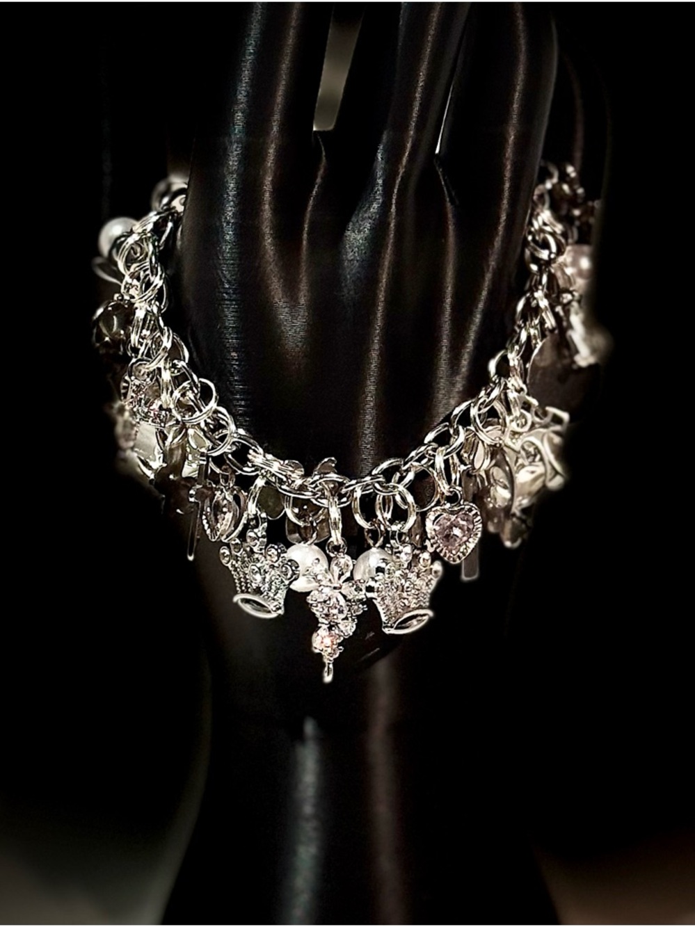 Silver Charm Bracelet with Crowns and Crystal Hearts - Women Jewelry